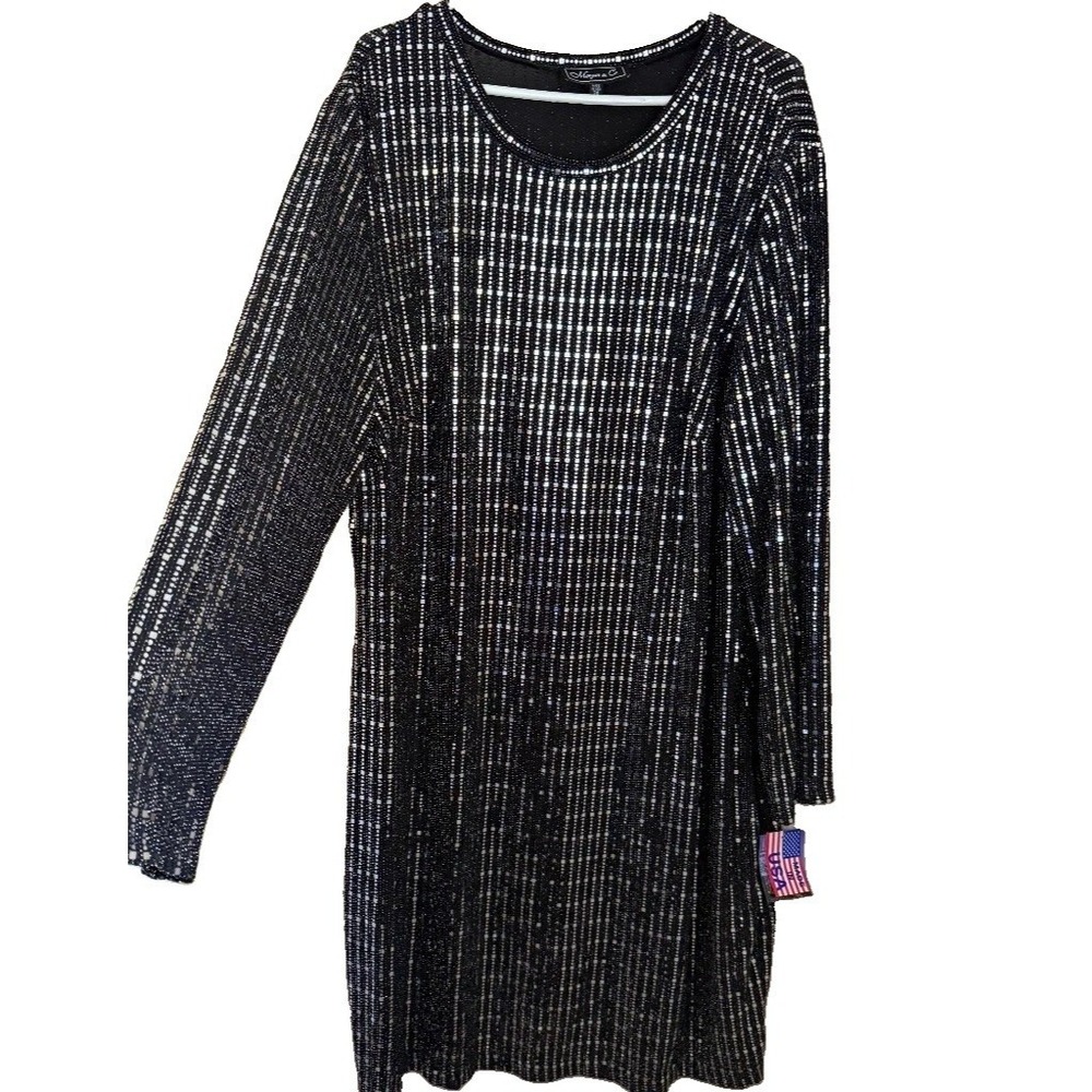 Morgan & Co Black Silver Sequin LS Mini Party Dress 3X NWT USA Glam Mother Bride